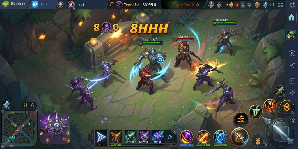 Screenshot menunjukkan karakter dalam aksi di arena pertempuran MOBA.