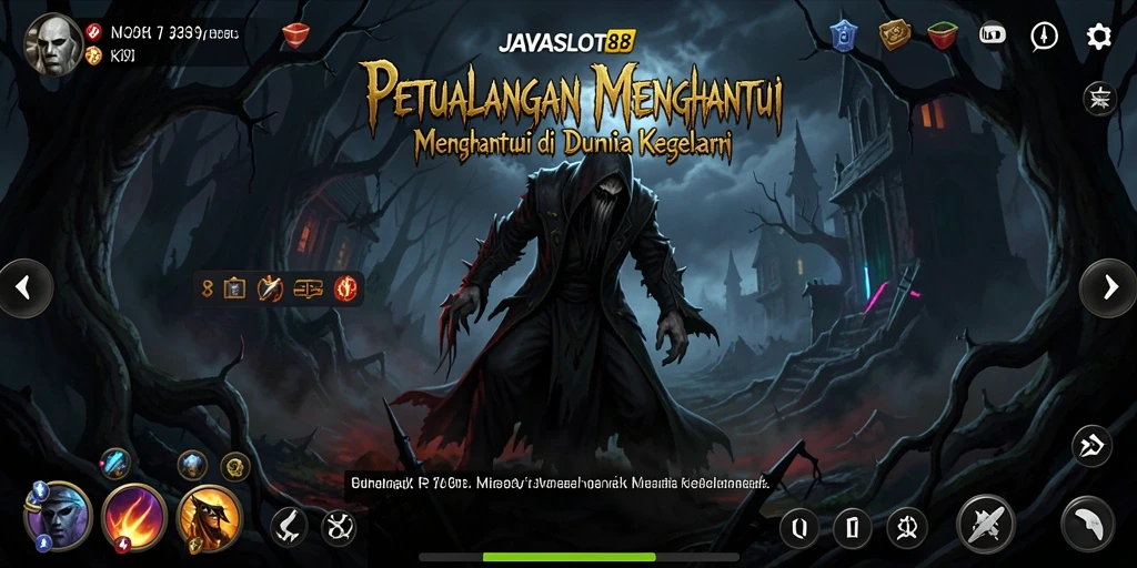 Tampilan menegangkan dari gameplay <strong>JAVASLOT88</strong> di tengah kegelapan yang mencekam.