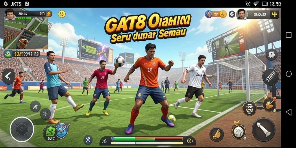 Screenshot utama JKT8 menampilkan aksi seru pemain dalam pertandingan olahraga.