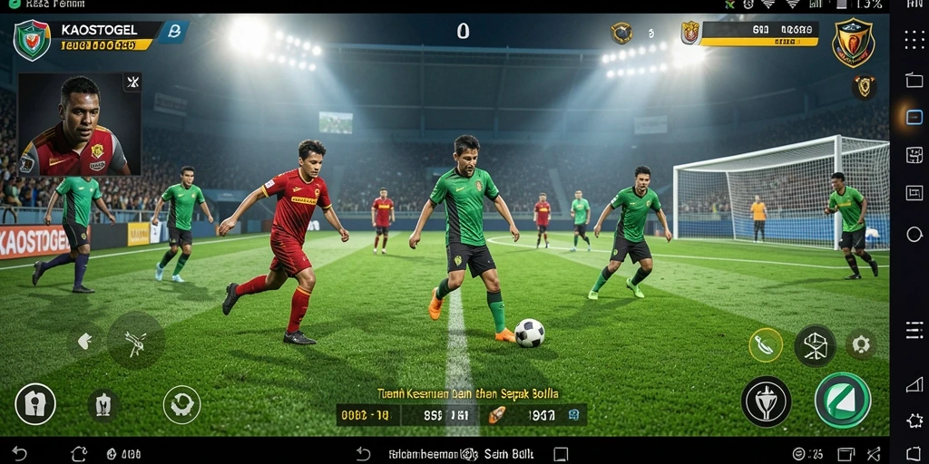 Tangkapan layar gameplay KAOSTOGEL yang menunjukkan aksi sepak bola yang mendebarkan.