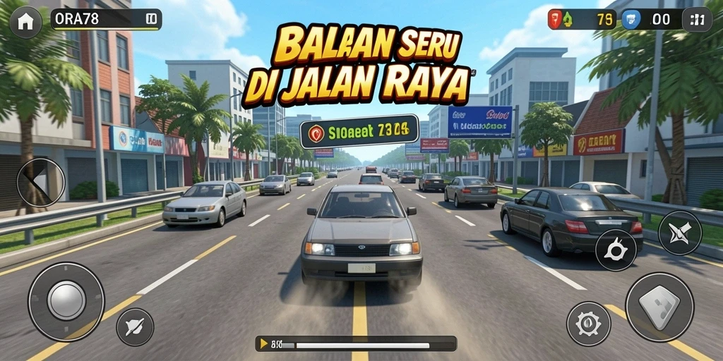Screenshot utama ORA78 menampilkan aksi balapan yang mendebarkan dan kendaraan yang cepat.
